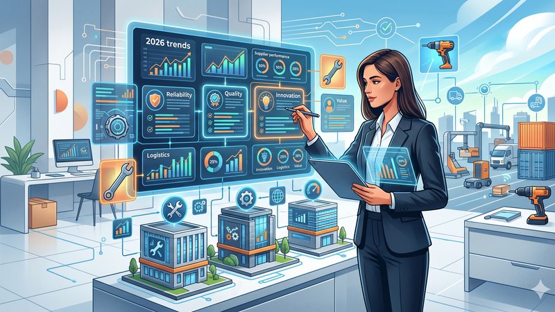Современная иллюстрация премиального инструмента для статьи о выборе B2B поставщика в 2026 году